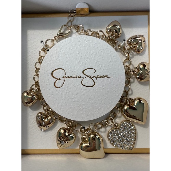 Jessica‎ Simpson Gold Tone Heart Charm Bracelet Sparkle Rhinestone - Picture 3 of 4